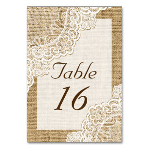Rustic white lace on burlap wedding table number