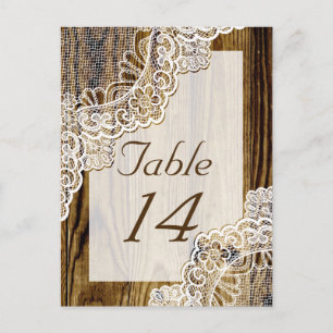 Rustic white lace on wood wedding table number postcard