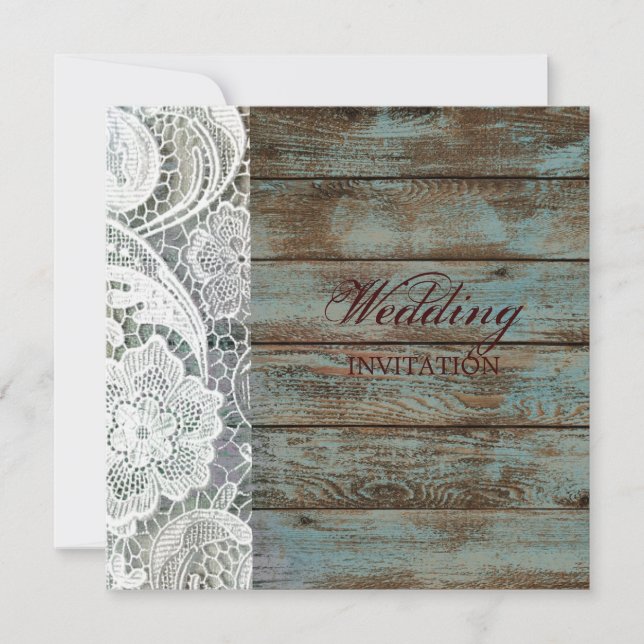 rustic white lace teal barn wood wedding invitation (Front)