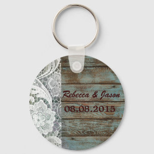 rustic white lace teal barn wood wedding thank you key ring