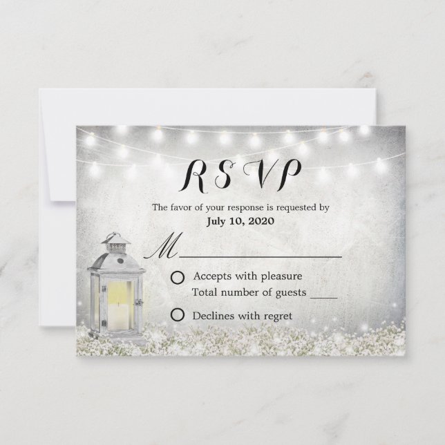 Rustic White Lantern Baby's Breath Floral RSVP Card (Front)