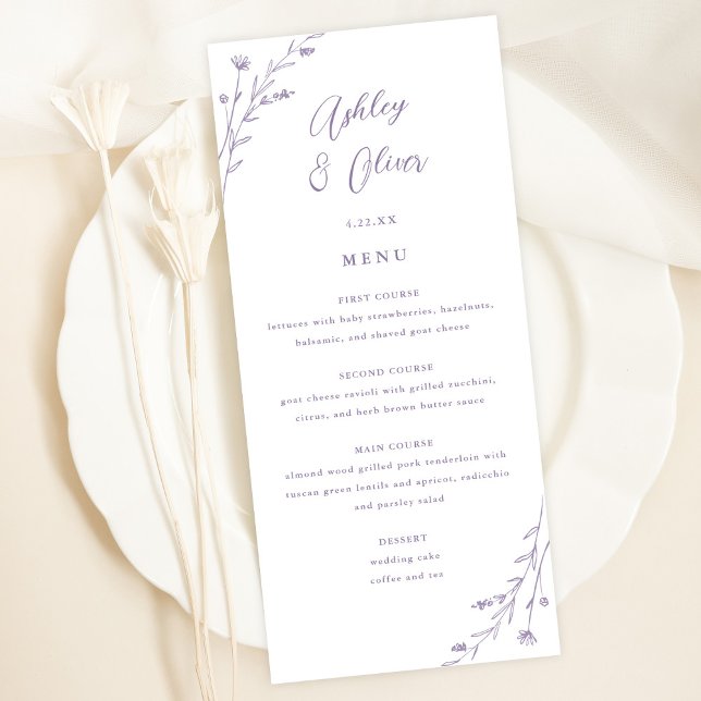 Rustic White & Lavender Floral Wedding Menu Card (Creator Uploaded)