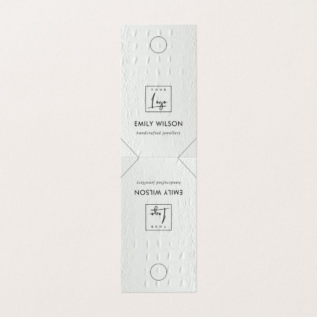 Rustic White Leather Hanging Necklace Display Logo Business Card (Outside Unfolded)