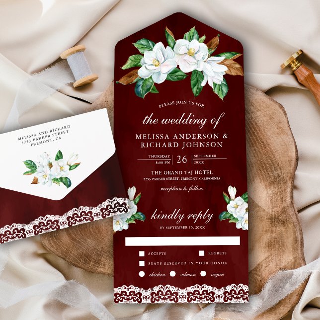 Rustic White Magnolia Floral Burgundy Red Wedding All In One Invitation (Creator Uploaded)