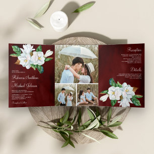 Rustic White Magnolia Floral Burgundy Wedding Tri-Fold Invitation