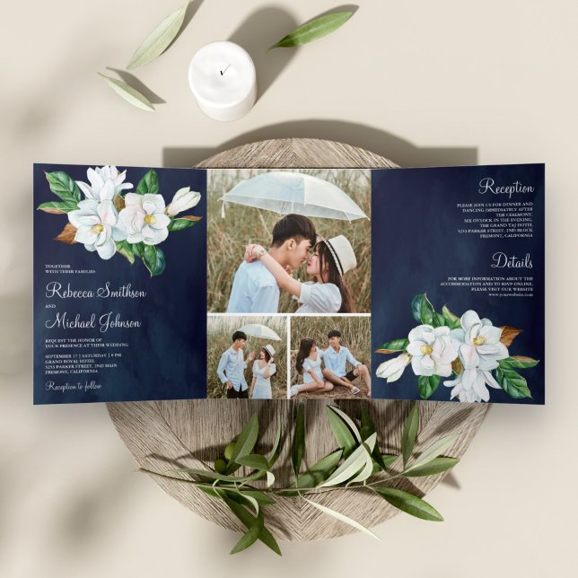 Rustic White Magnolia Floral Navy Blue Wedding Tri-Fold Invitation (Creator Uploaded)