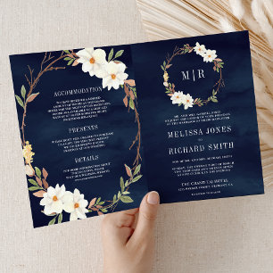 Rustic White Magnolia Floral QR Code Navy Wedding Invitation