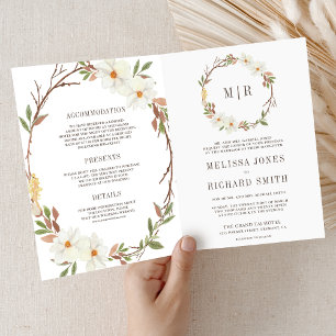 Rustic White Magnolia Floral QR Code Wedding Invitation