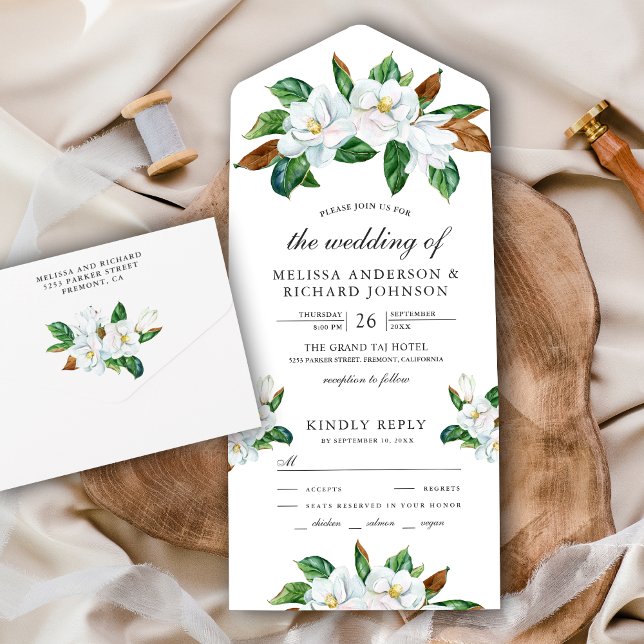 Rustic White Magnolia Floral Wedding All In One Invitation (Creator Uploaded)