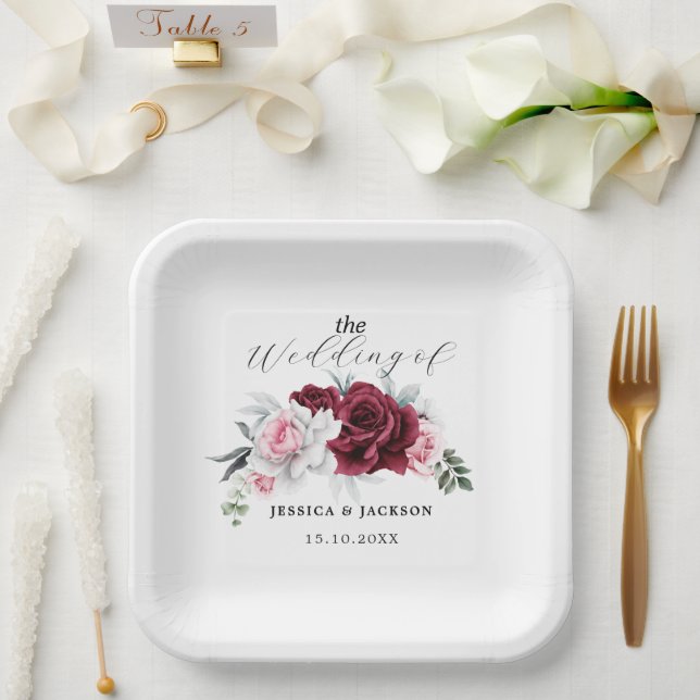 Rustic White Maroon Rose Floral Wedding  Paper Plate (Wedding)