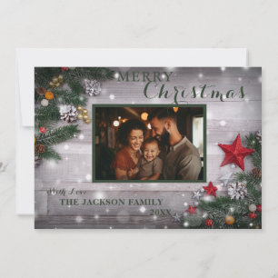 Rustic White Merry Christmas Family Photo Card
