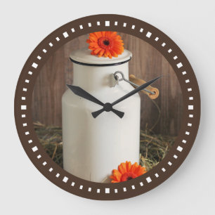 Rustic White Milk Jug with Flowers Large Clock