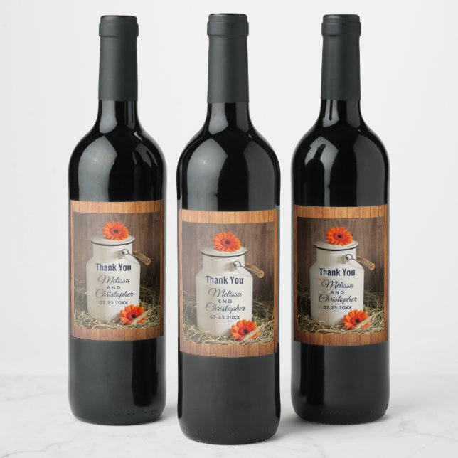 Rustic White Milk Jug with Flowers Thank You Wine Label (Bottles)