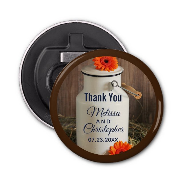 Rustic White Milk Jug with Flowers Wedding Bottle Opener (Front)