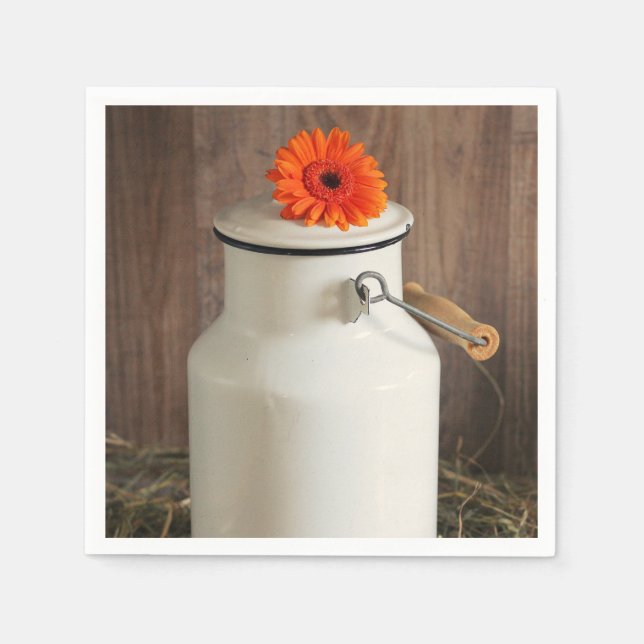 Rustic White Milk Jug with Orange Flowers Photo Napkin (Front)