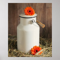 Rustic White Milk Jug with Orange Flowers Photo