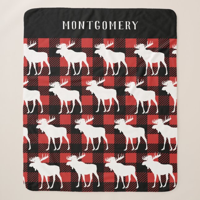 Rustic White Moose & Buffalo Check Plaid Sherpa Blanket (Front)