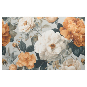 Rustic White Orange Botanical Vintage Boho Floral Fabric