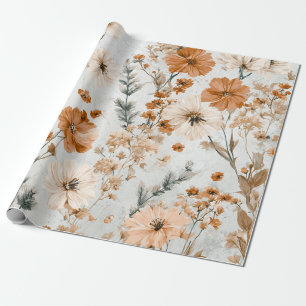 Rustic White Orange Botanical Vintage Boho Floral Wrapping Paper