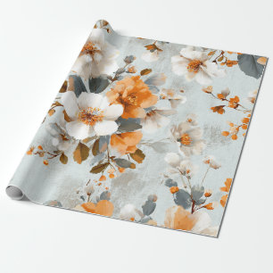 Rustic White Orange Botanical Vintage Boho Floral Wrapping Paper
