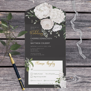 Rustic White Peonies Floral on Black Dinner All In One Invitation