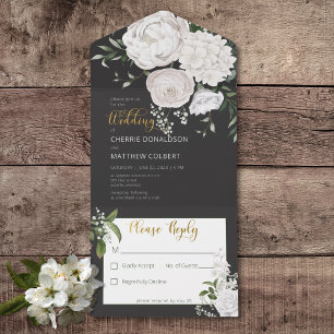 Rustic White Peonies Floral on Black No Dinner All In One Invitation