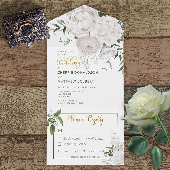 Rustic White Peonies Floral on White Dinner All In One Invitation (Creator Uploaded)