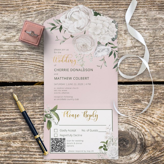 Rustic White Peonies Floral Pink QR Code All In One Invitation (Creator Uploaded)