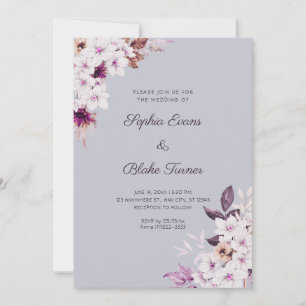 Rustic White Pink Flowers Boho Cloud Grey Wedding Invitation