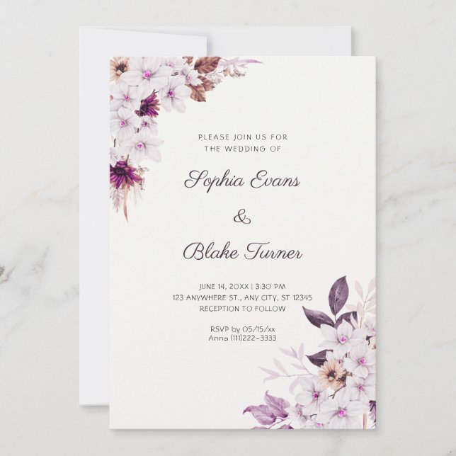 Rustic White Pink Flowers Boho Off White Wedding Invitation (Front)