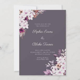 Rustic White Pink Flowers Boho Smoke Grey Wedding Invitation