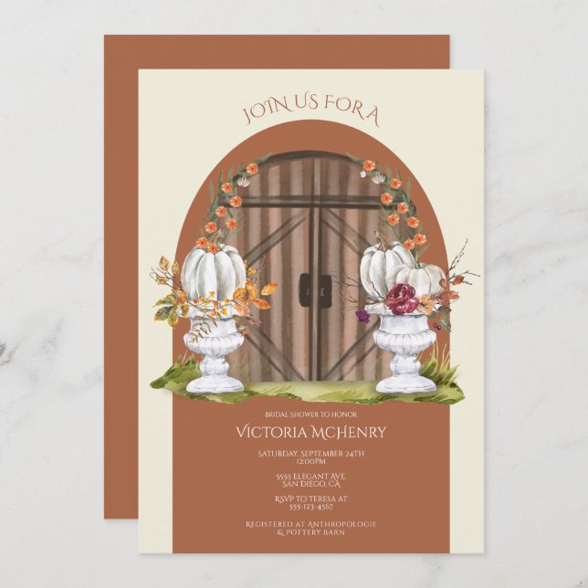 Rustic White Pumpkin Arch Bridal Shower Invitation (Front/Back)