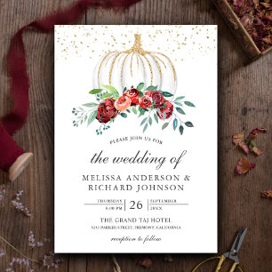 Rustic White Pumpkin Burgundy Floral Fall Wedding Invitation