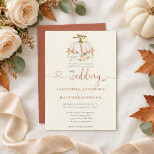Rustic White Pumpkin Fall Floral Cream Wedding Invitation