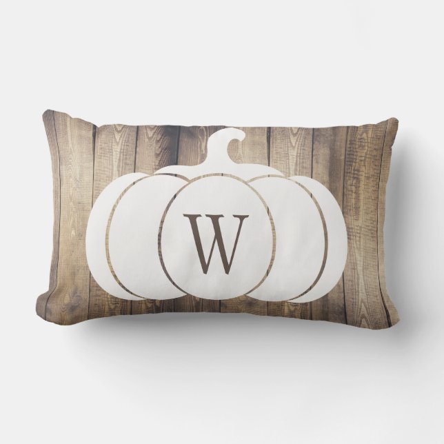 Rustic White Pumpkin Farmhouse Wood Monogram Lumbar Cushion (Front)