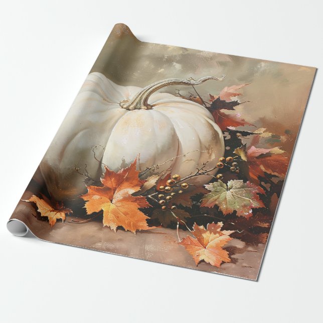 Rustic White Pumpkin Painting Decoupage Wrapping Paper (Unrolled)