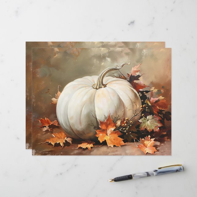 Rustic White Pumpkin Painting Scrapbook Paper (Front/Back In Situ)