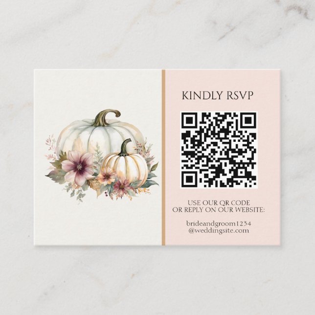 Rustic White Pumpkin Pink Fall Floral Wedding RSVP Business Card (Front)