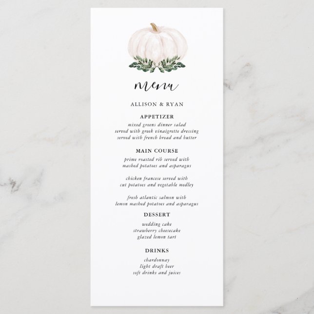 Rustic White Pumpkin Wedding Menus (Front)