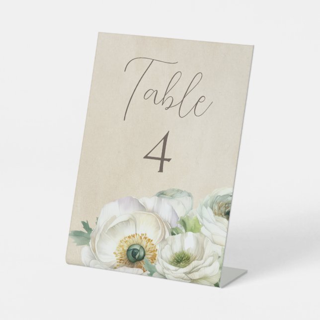 Rustic White Ranunculus Wedding Table Number Pedestal Sign (Front)