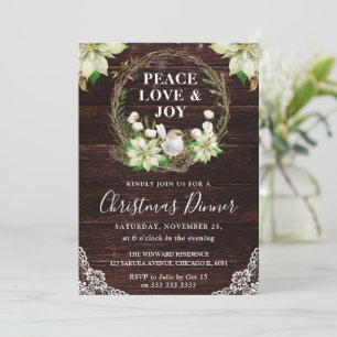 Rustic White Robin Holly Wreath Christmas Dinner Invitation