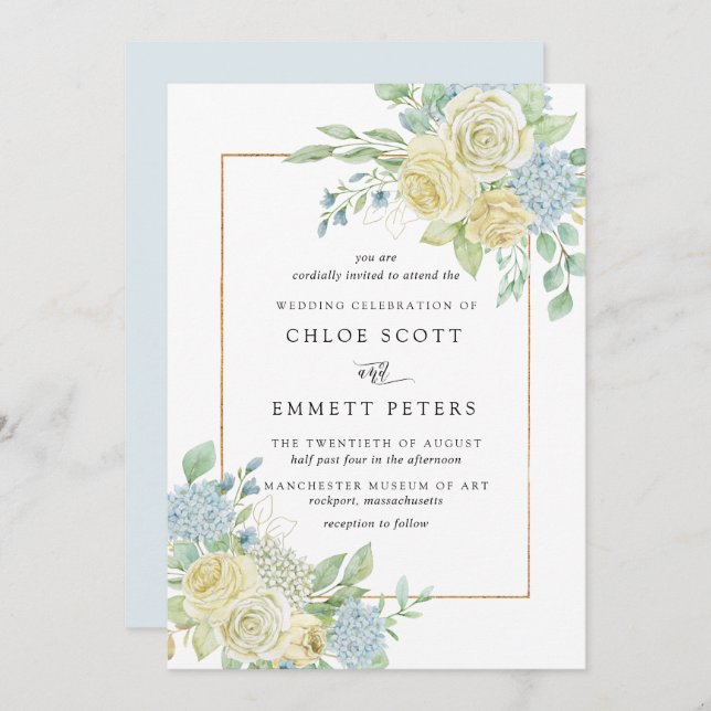Rustic White Rose Blue Hydrangea Floral Wedding Invitation (Front/Back)