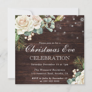 Rustic White Rose Christmas Eve Celebration Invitation