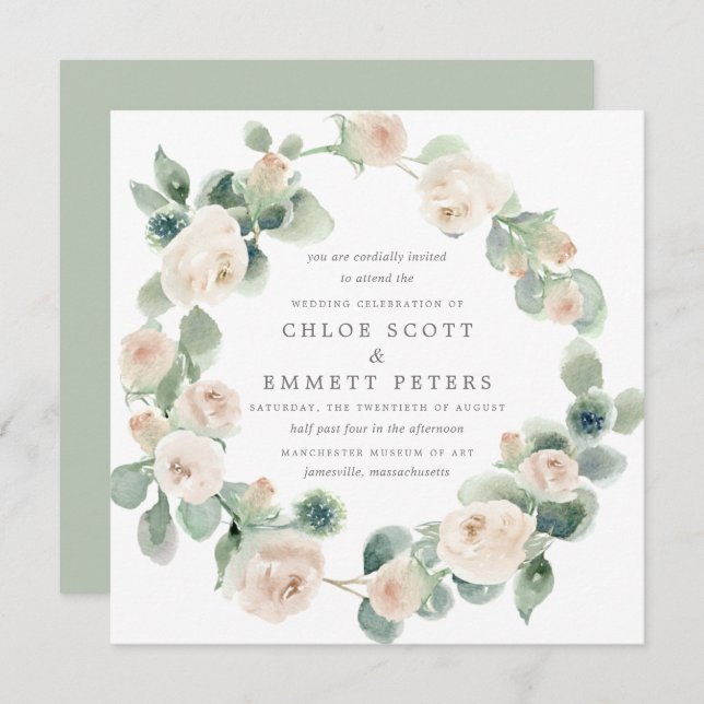 Rustic White Rose Floral Eucalyptus Wedding Invitation (Front/Back)