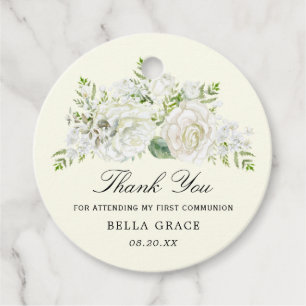 Rustic White Rose Floral First Communion Thank You Favour Tags