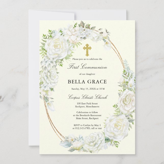 Rustic White Rose Floral First Holy Communion Invitation (Front)