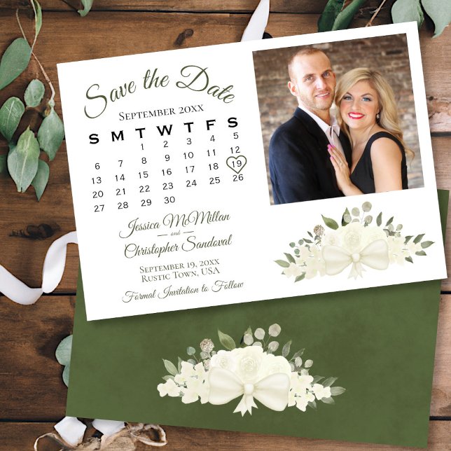Rustic White Roses Boho Calendar & Photo Wedding Save The Date (In Situ Front/Back)