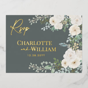 Rustic White Roses Greenery Modern Botanical RSVP Foil Invitation Postcard