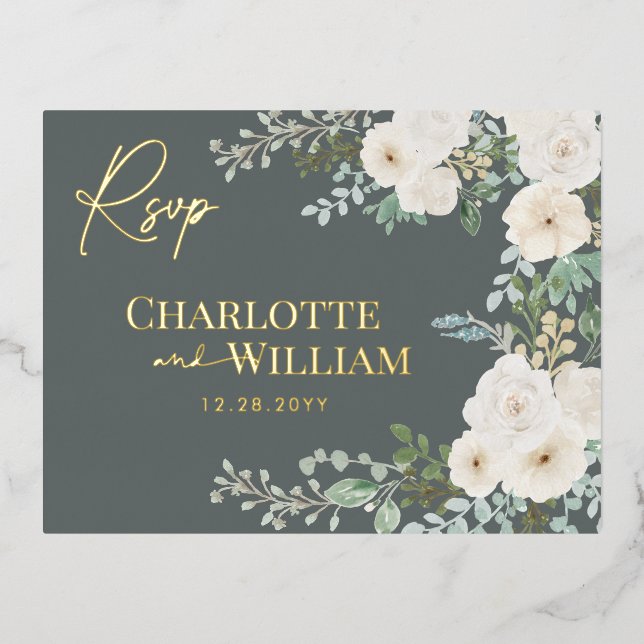 Rustic White Roses Greenery Modern Botanical RSVP Foil Invitation Postcard (Front)