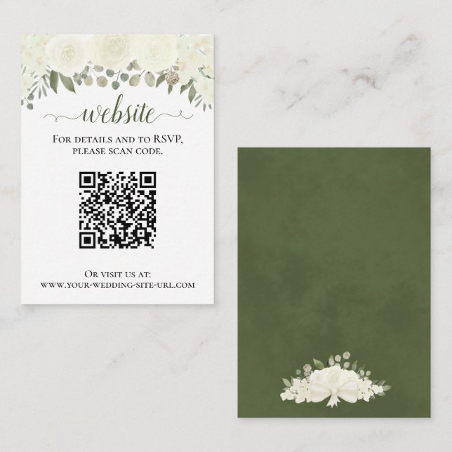 Rustic White Roses Wedding Website QR Code Enclosure Card (Front/Back)